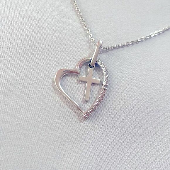 Heart Cross Pendant Silver Tone Necklace - Picture 2 of 5